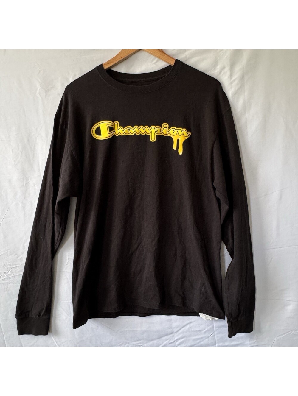 Champion Long Sleeve T-Shirt L Black Yellow Honey Drip Graphic Logo